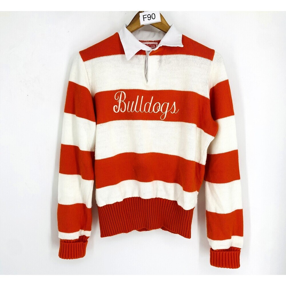 VTG Varsity Orange White Embroidered Bulldogs Collared Rugby Sweater Cheerleader